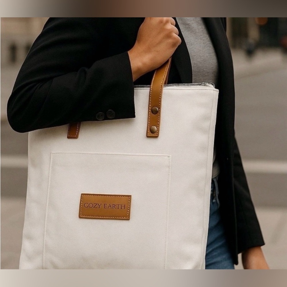 Cozy Earth White Canvas Tote with Tan Leather Handles